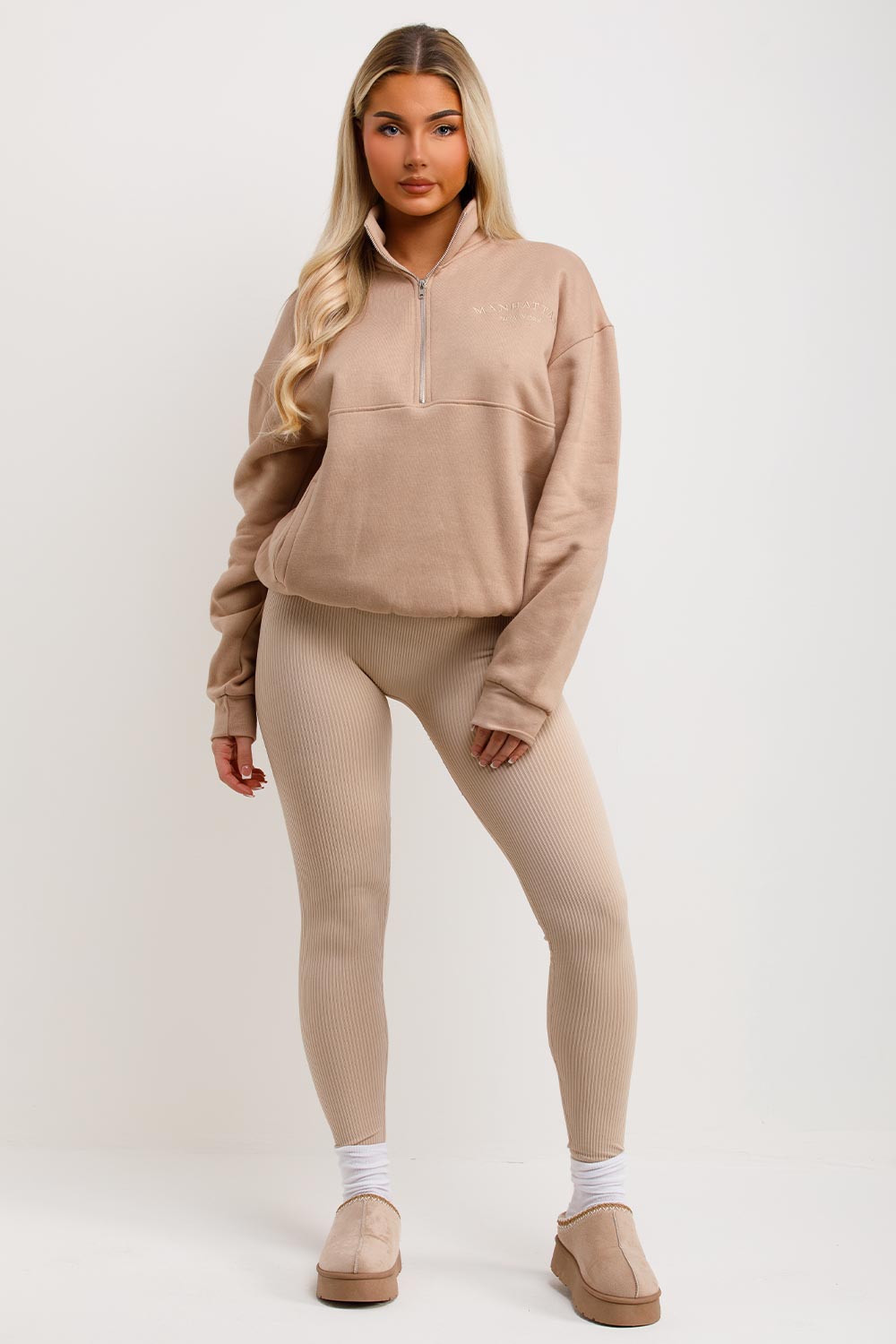 womens half zip sweatshirt with manhattan embroidery