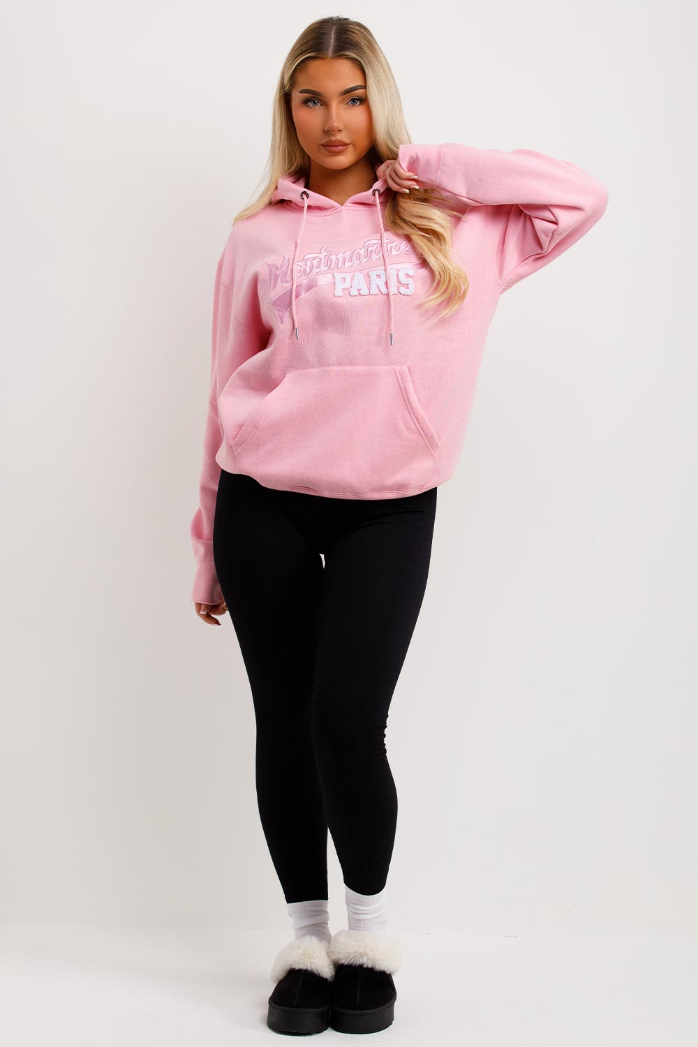 womens pink hoodie with montmartre paris embroidery