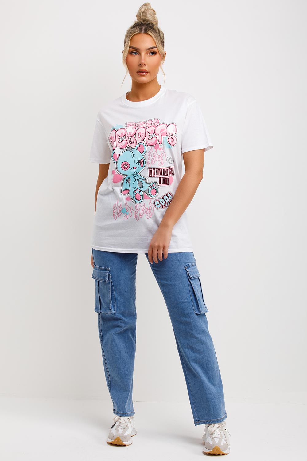 womens white t shirt with teddy bear graphics zero regrets