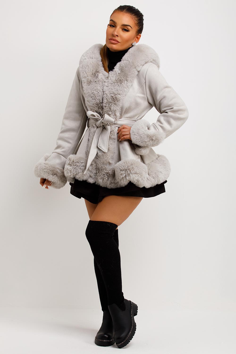 faux fur faux hood belted coat womens
