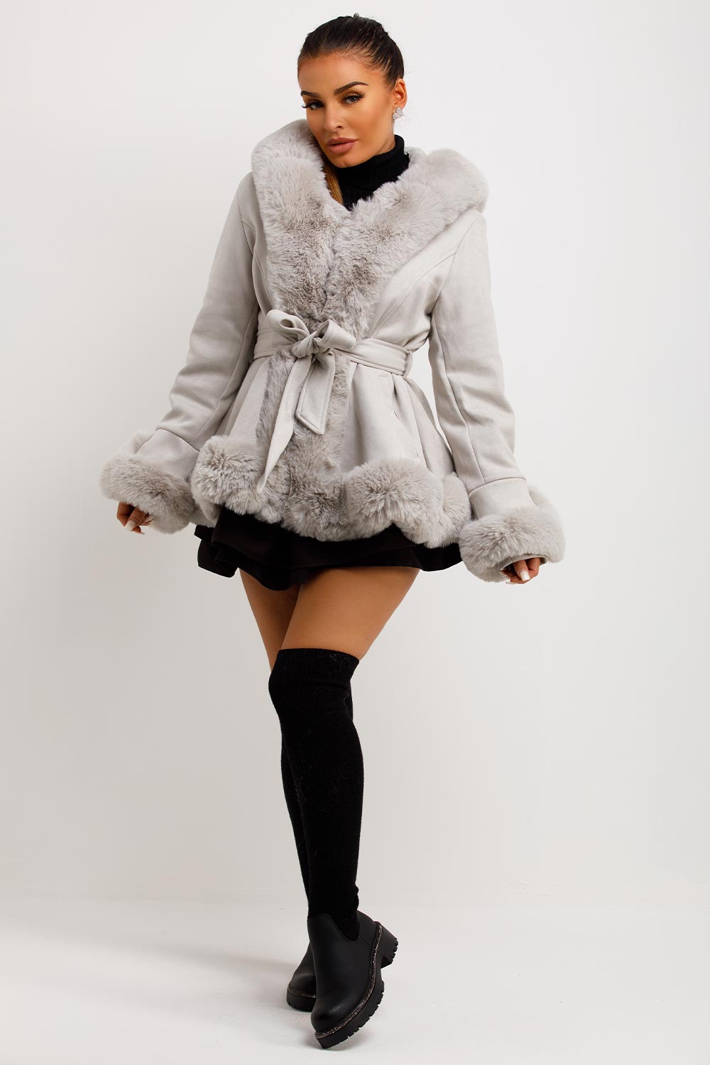 womens grey faux suede faux fur coat with hood and belt