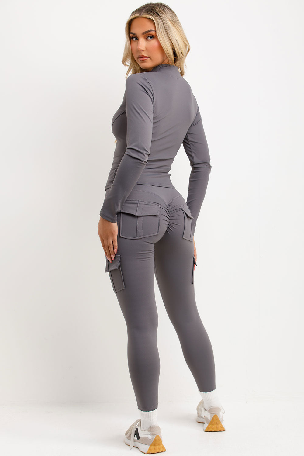 Zip Up Sports Jacket And Scrunch Bum Leggings Set Grey