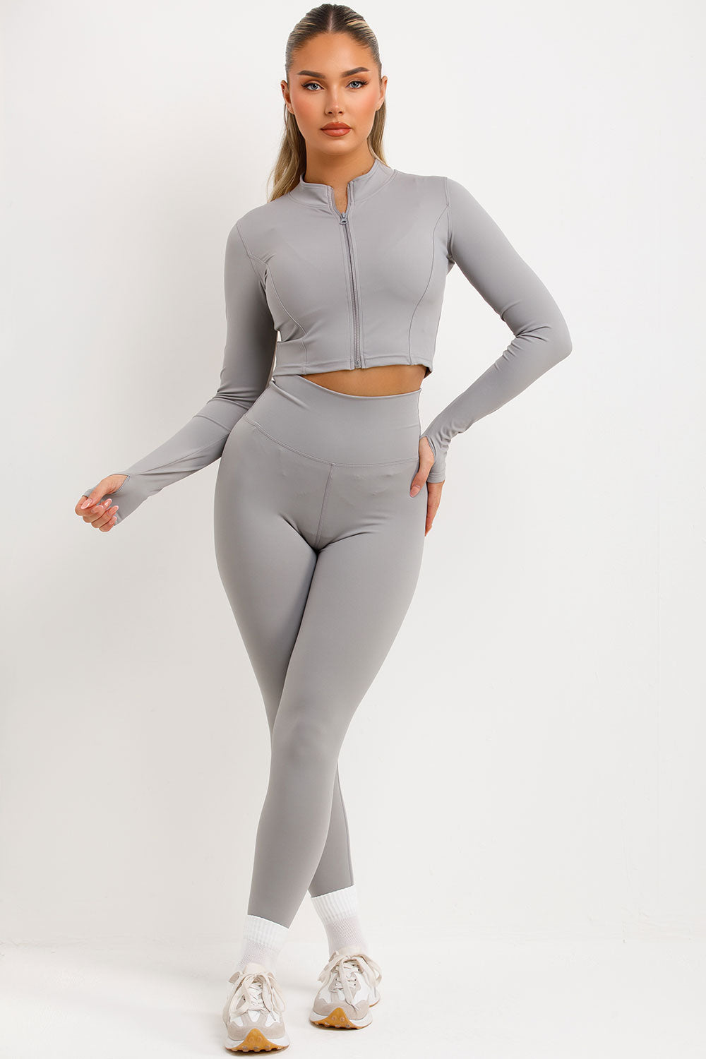 womens zip up jacket bralette and leggings three piece set