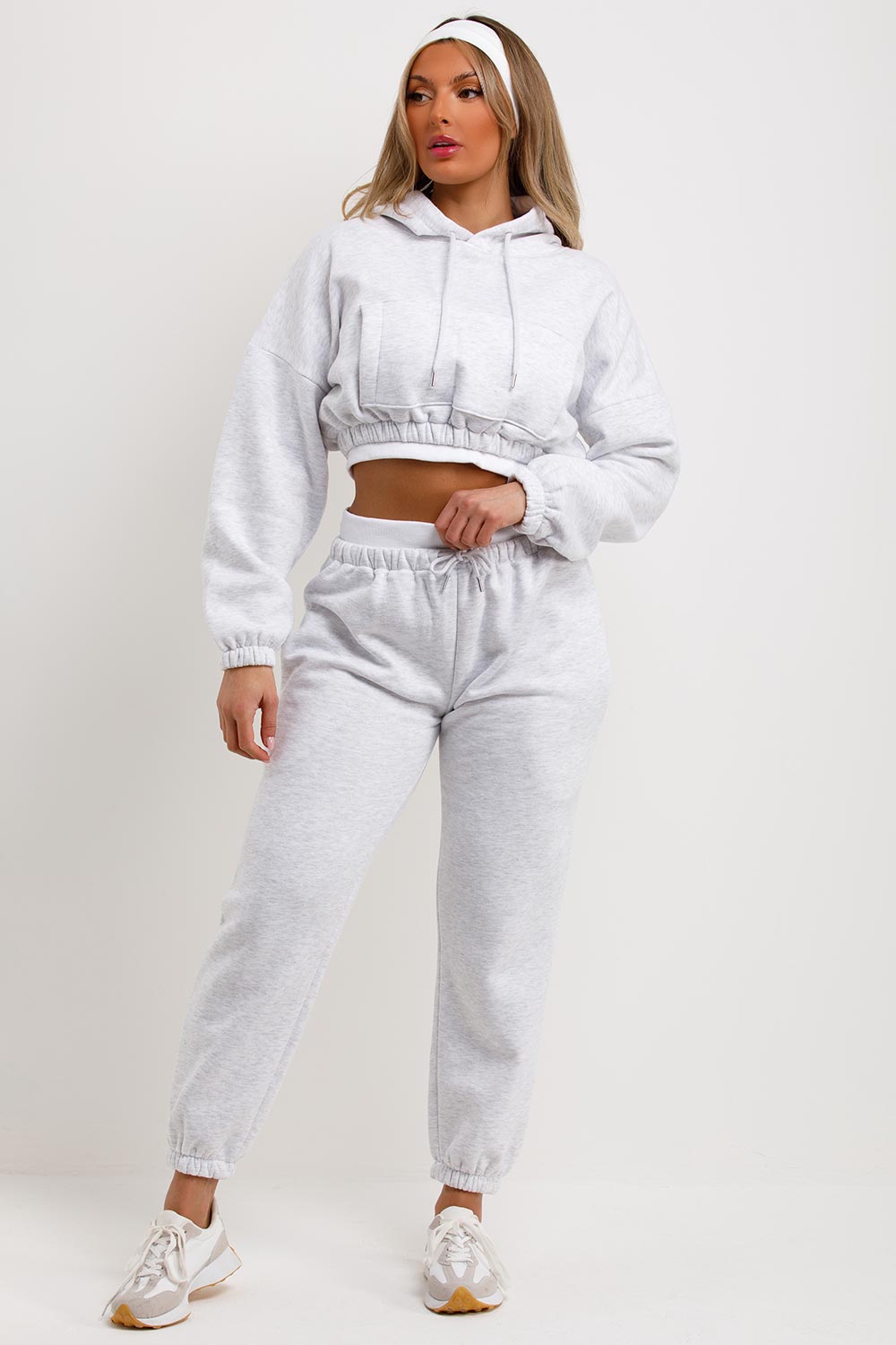 womens crop hoodie and joggers set marl grey