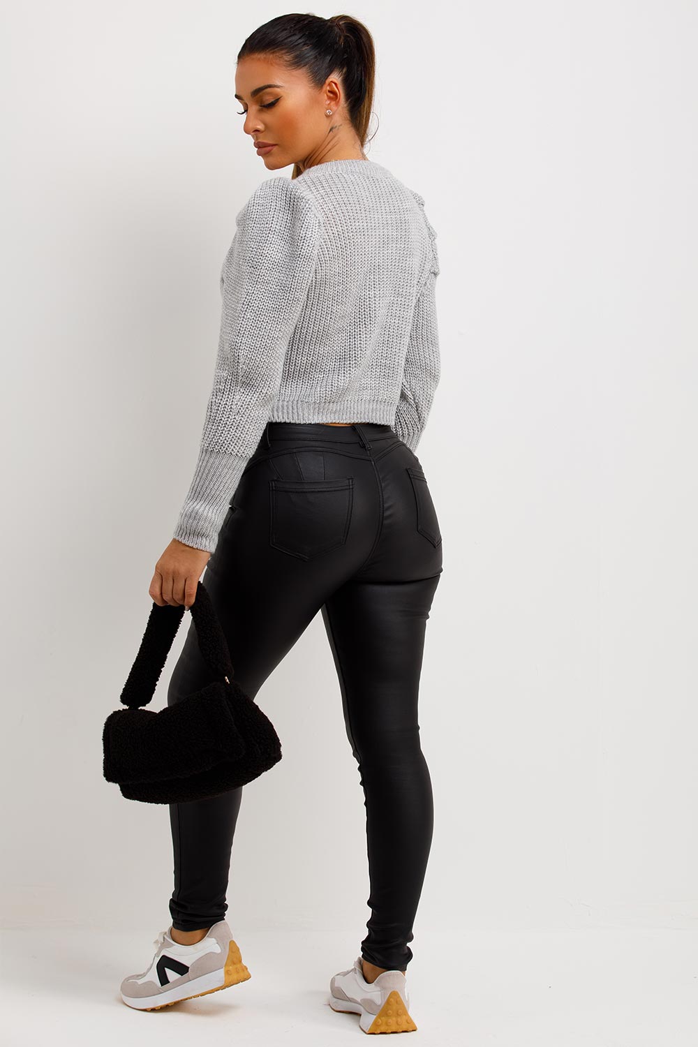 womens knitted puff shoulder crop jumper
