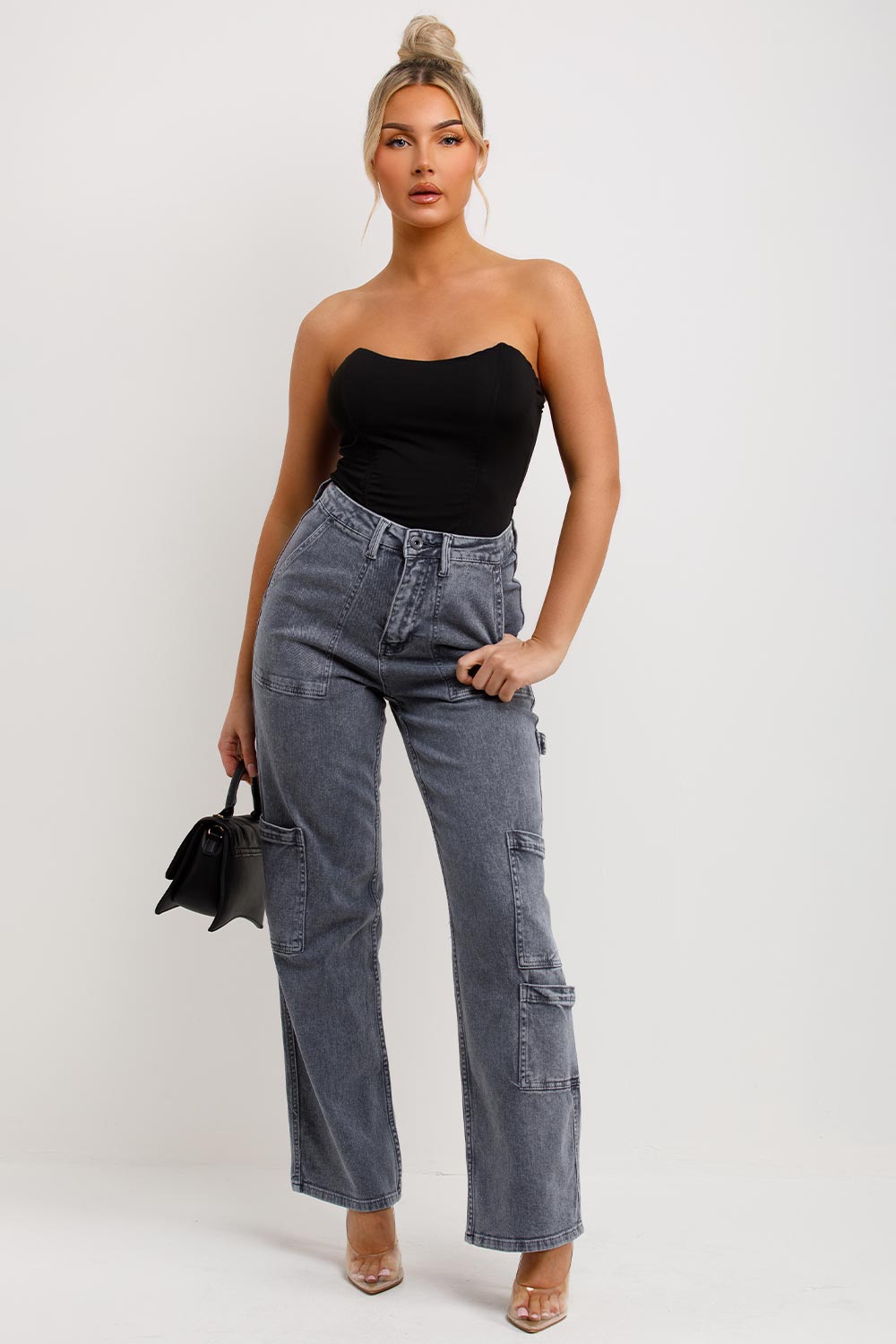 womens straight leg high waisted grey cargo jeans