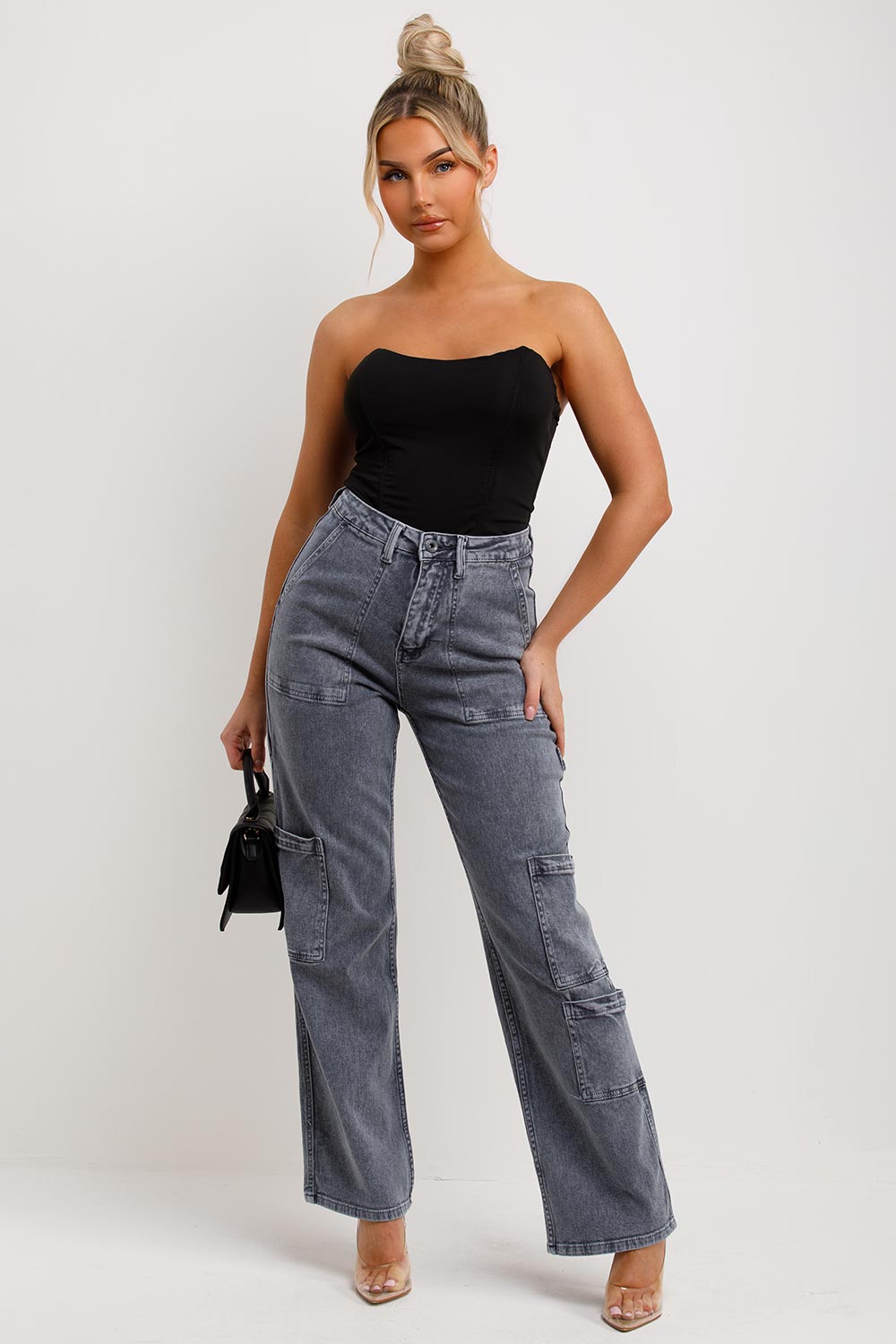 womens high waisted straight leg cargo jeans