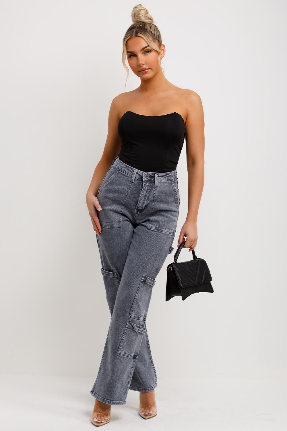 high waisted straight leg cargo jeans