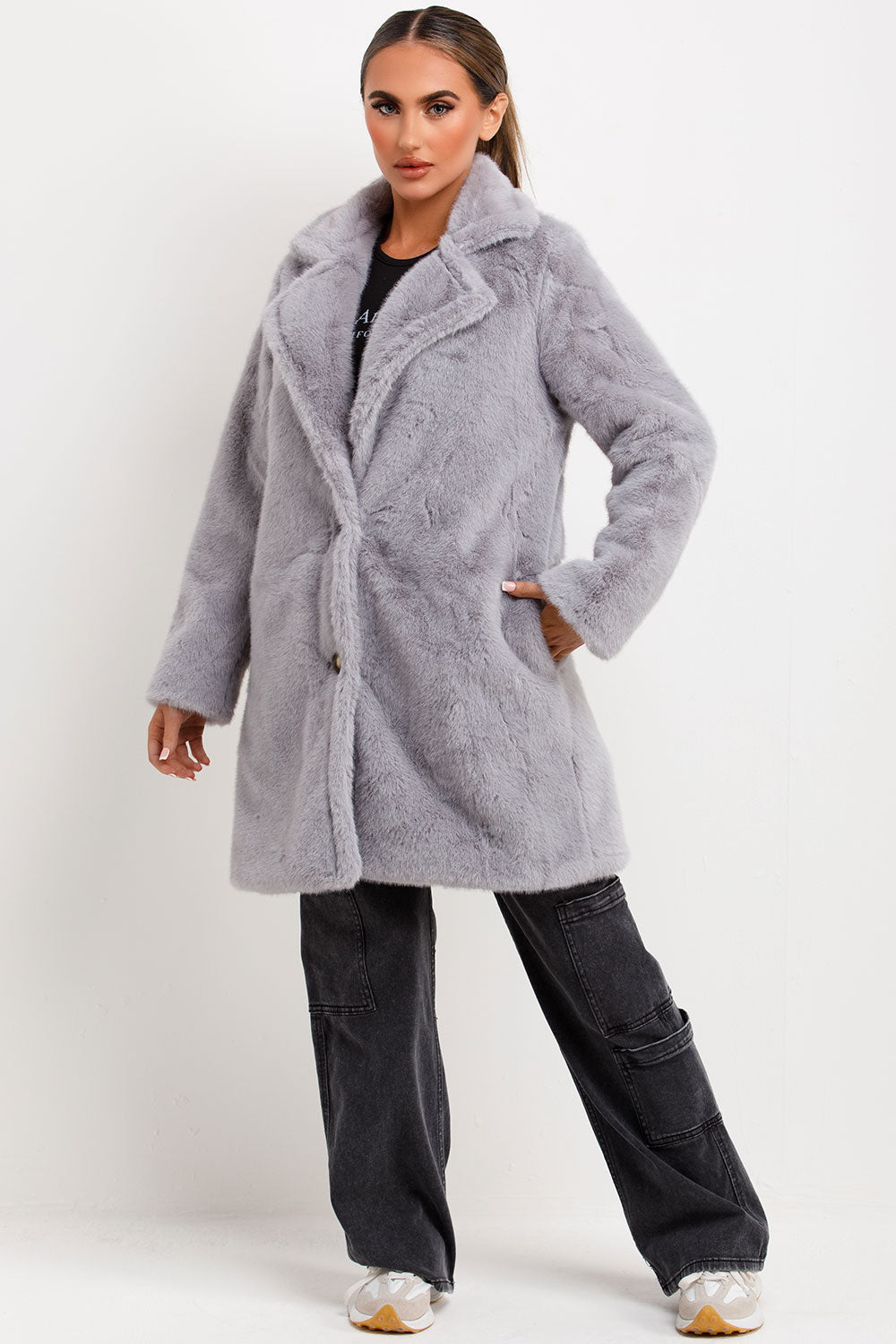 belted fur coat with collar and button fastening