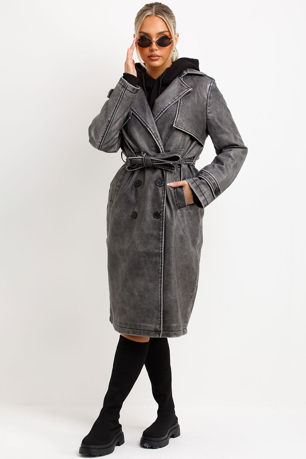 faux leather long trench coat womens styledup