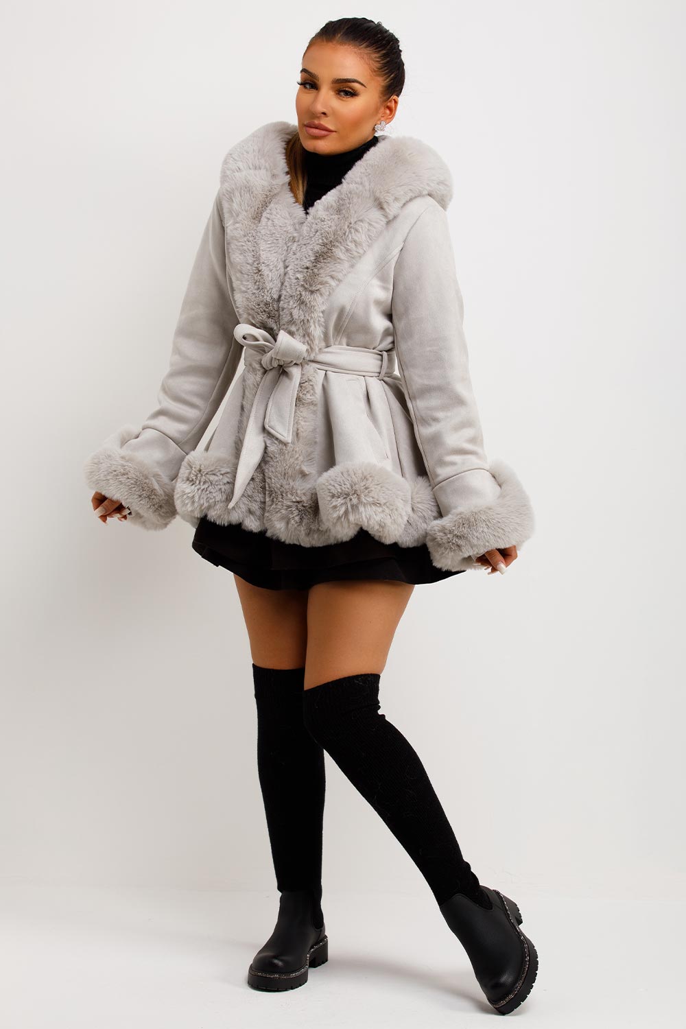 womens faux fur hood faux suede coat with belt