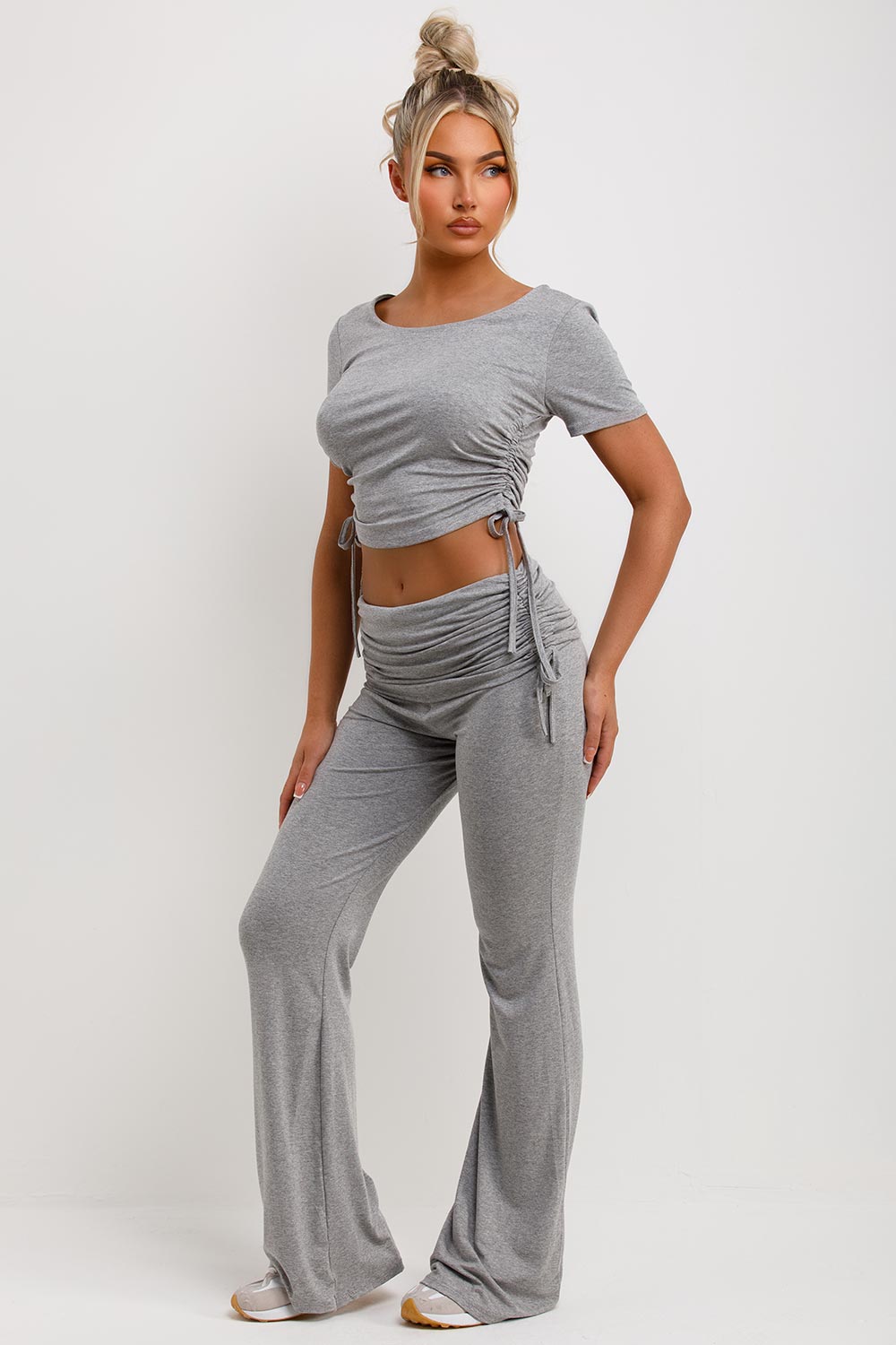 grey ruched side fold detail flare trousers and crop top co ord set grey