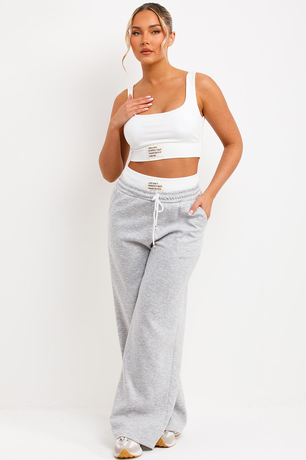 womens boxer detail drawstring joggers and crop top two piece tracksuit set grey