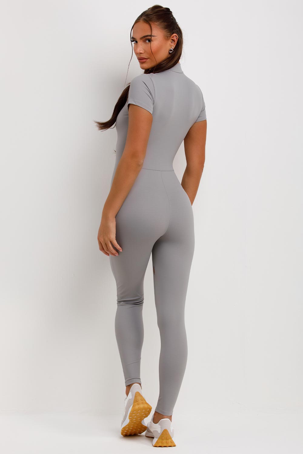 sculpt stretch zip front jumpsuit grey