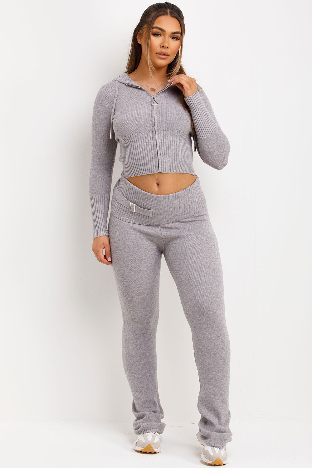 ribbed fold over waist flare yoga pants and crop zip up hoodie co ord airport outfit