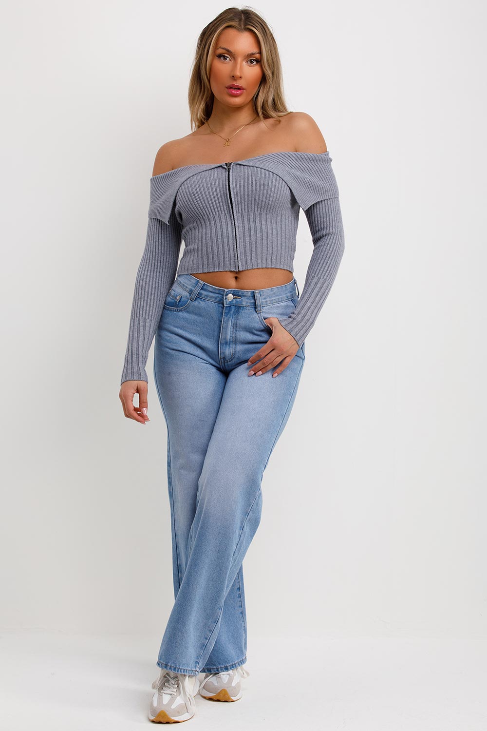 grey off shoulder jumper with zip front