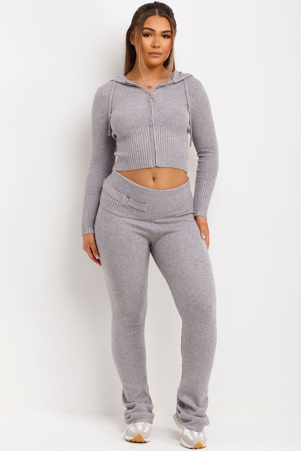 womens ribbed crop zip up hoodie and fold over flare trouser co ord set airport outfit