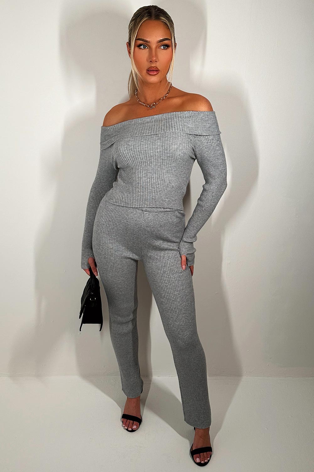 womens fold detail rib off shoulder top and trousers co ord set going out outfit