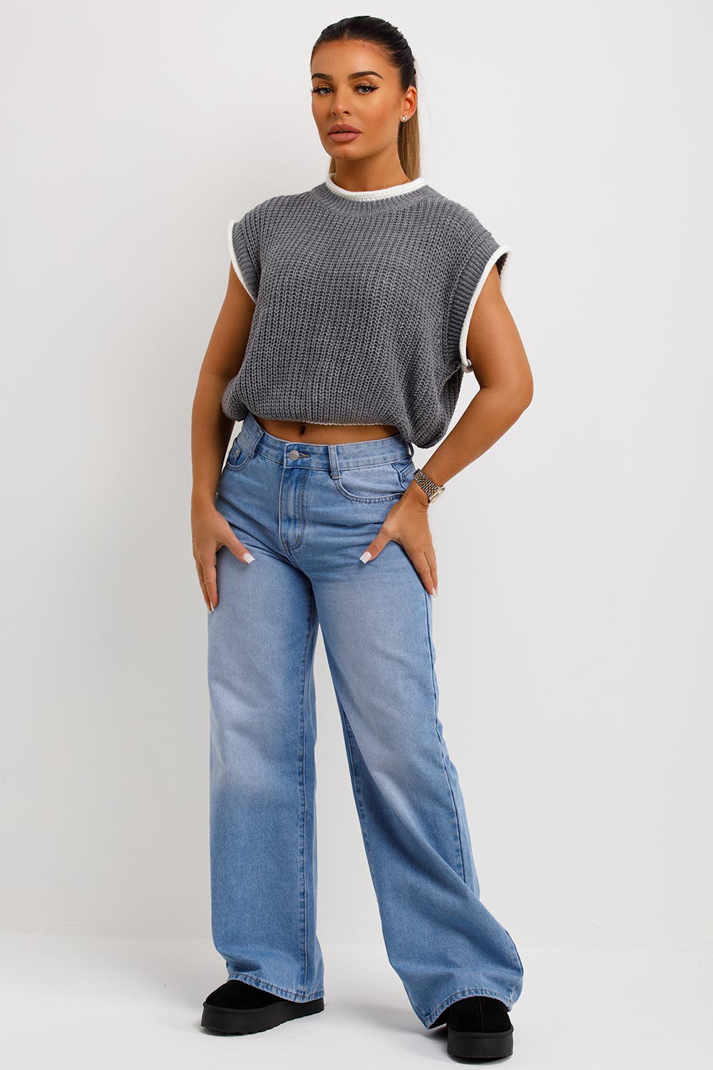 contrast sleeves crop jumper grey