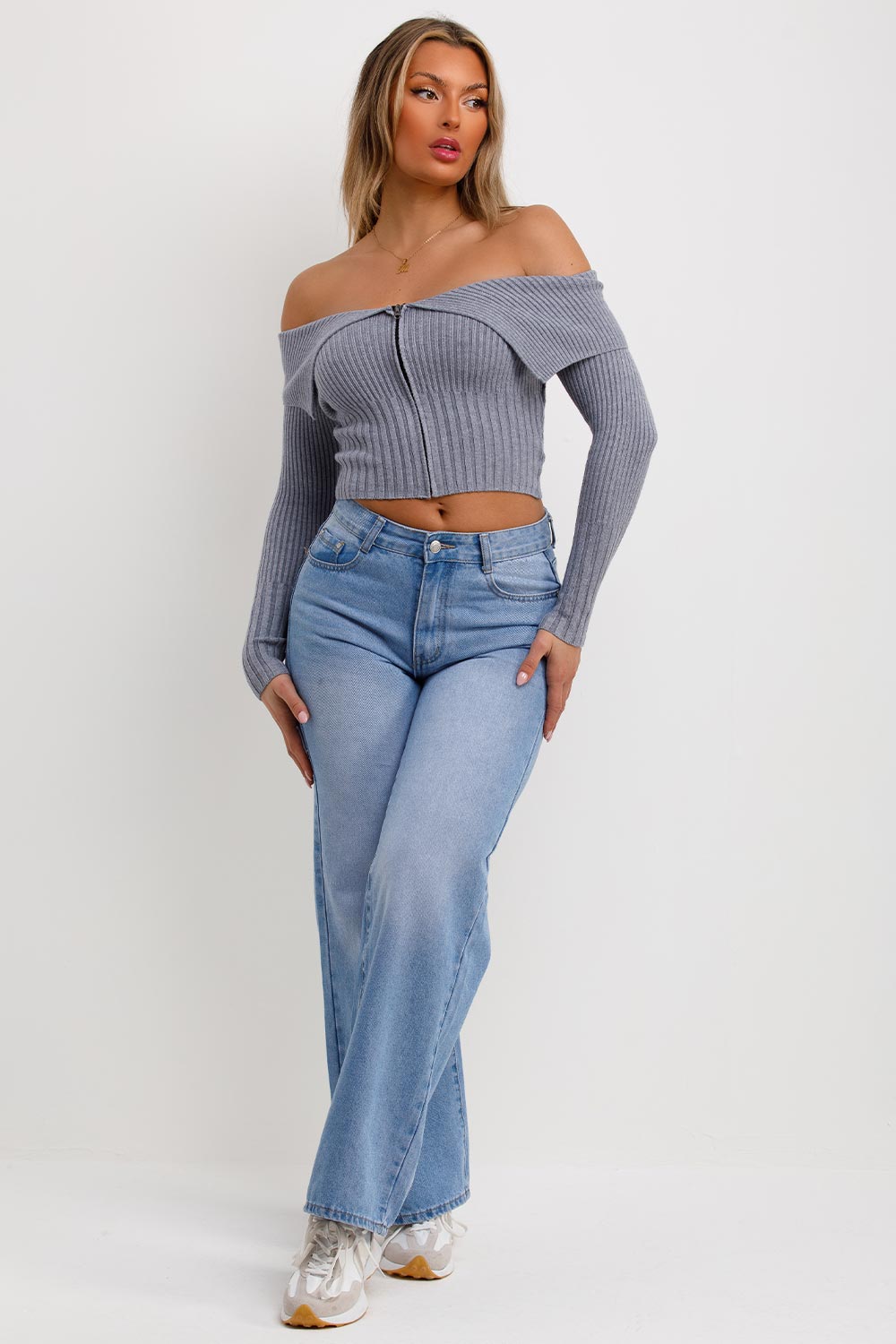 off shoulder jumper with zip front