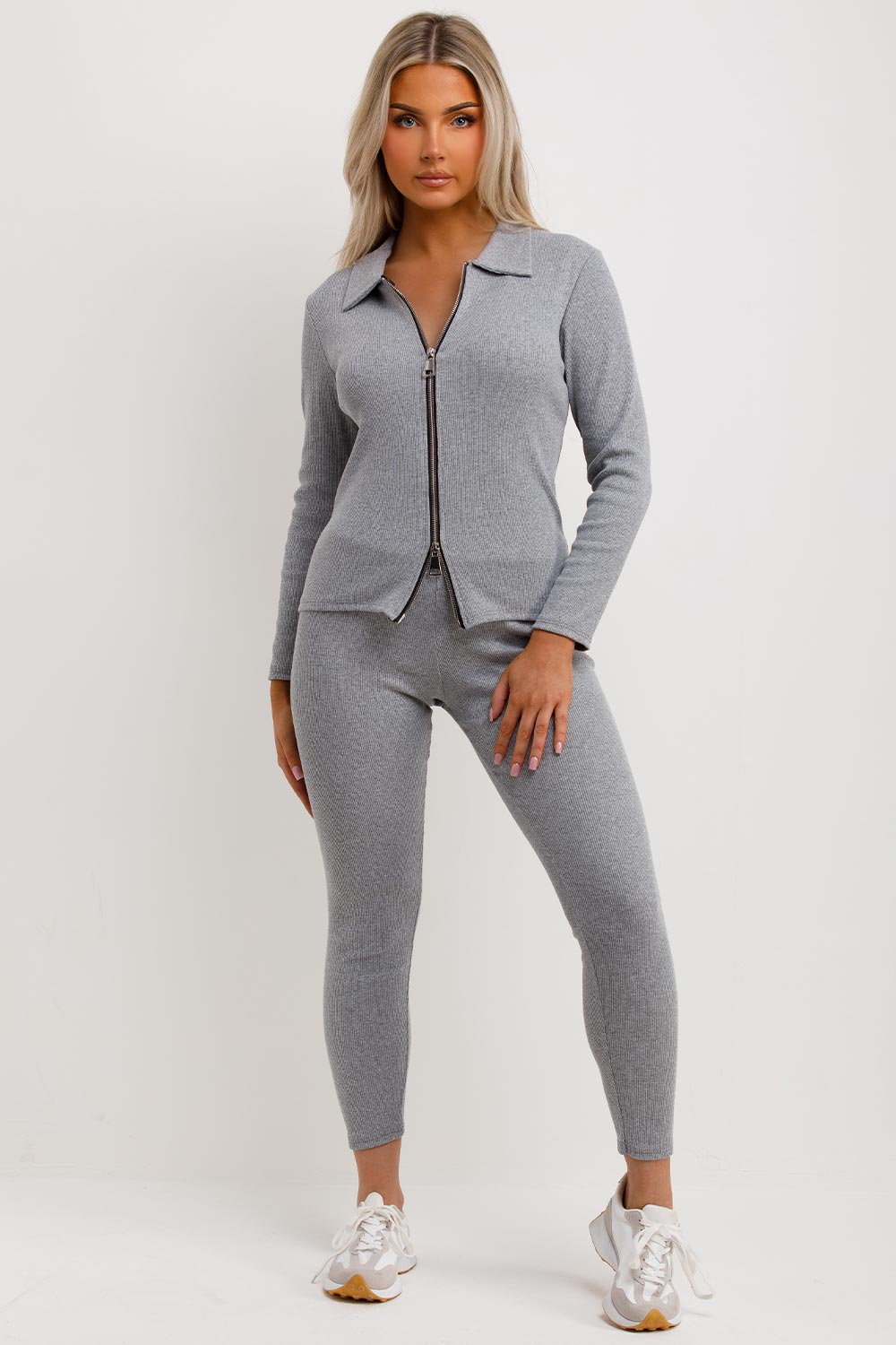 rib loungewear set with double zip