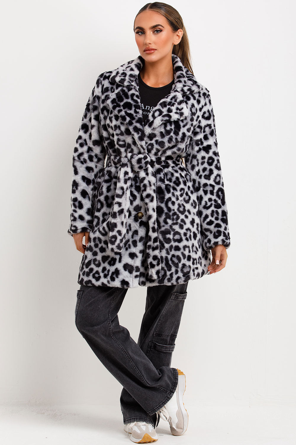 faux fur coat with belt and button fastening leopard print