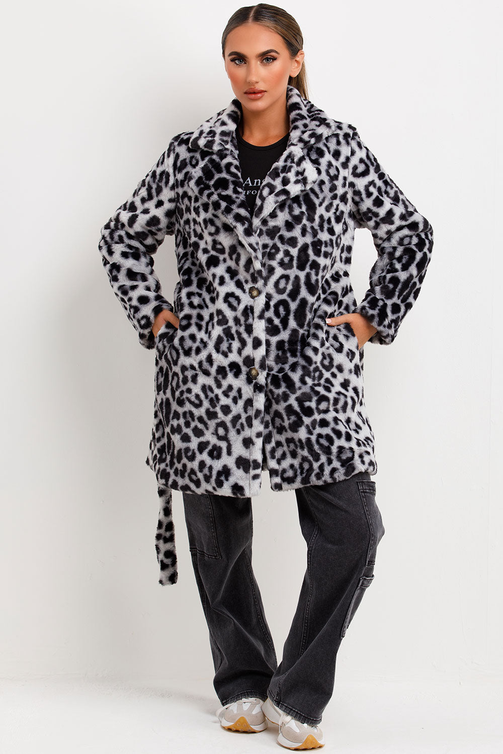 faux fur leopard print coat with belt