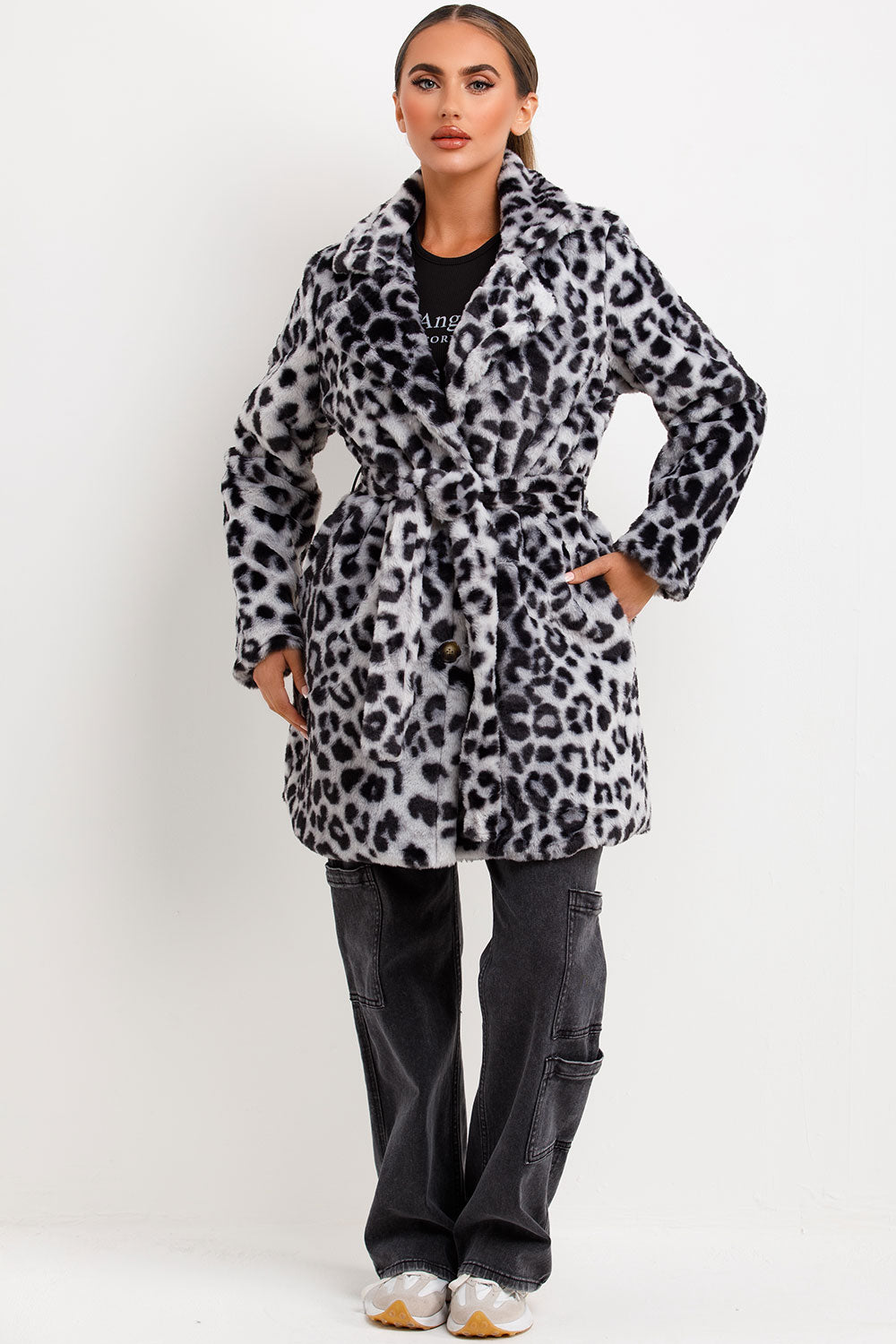 belted leopard print fur coat with collar and button fastening