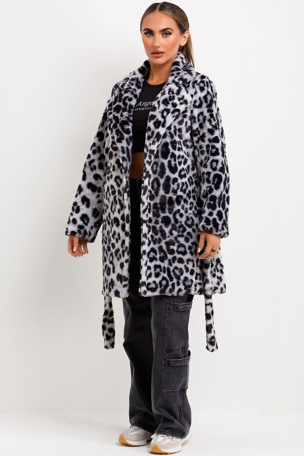 womens leopard print faux fur coat with belt