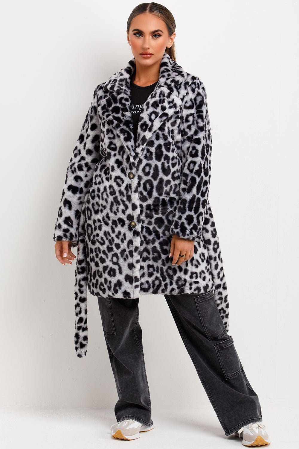 womens leopard print faux fur coat with belt and button fastening