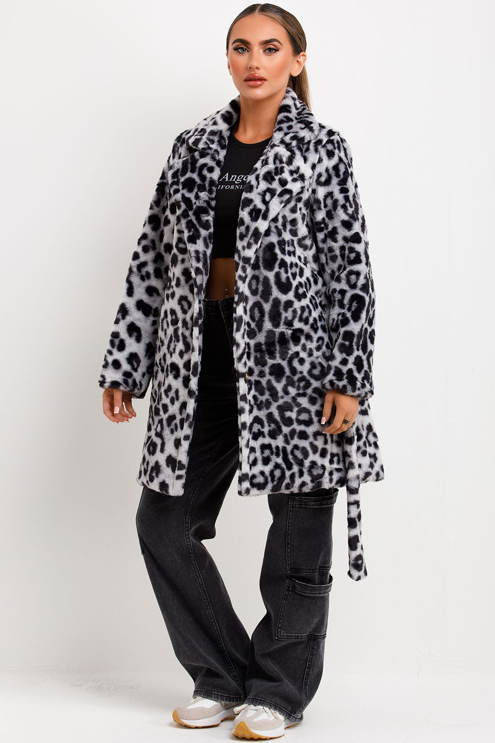 faux fur belted coat with button fastening leopard print