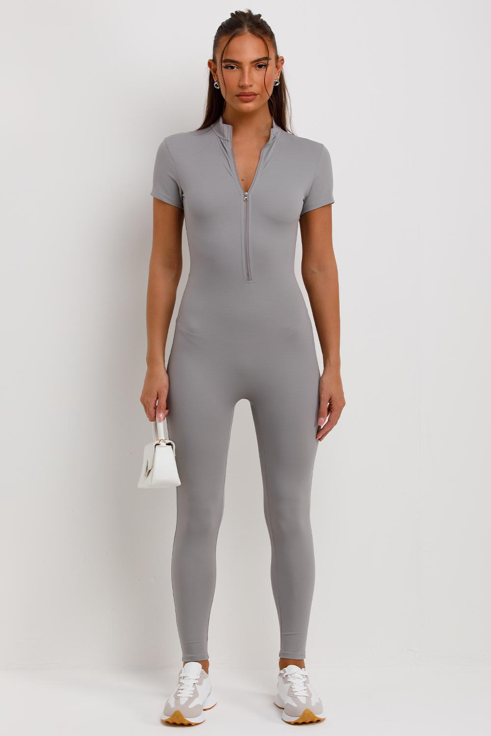 zip front short sleeve stretch sculpt contour jumpsuit skims uk