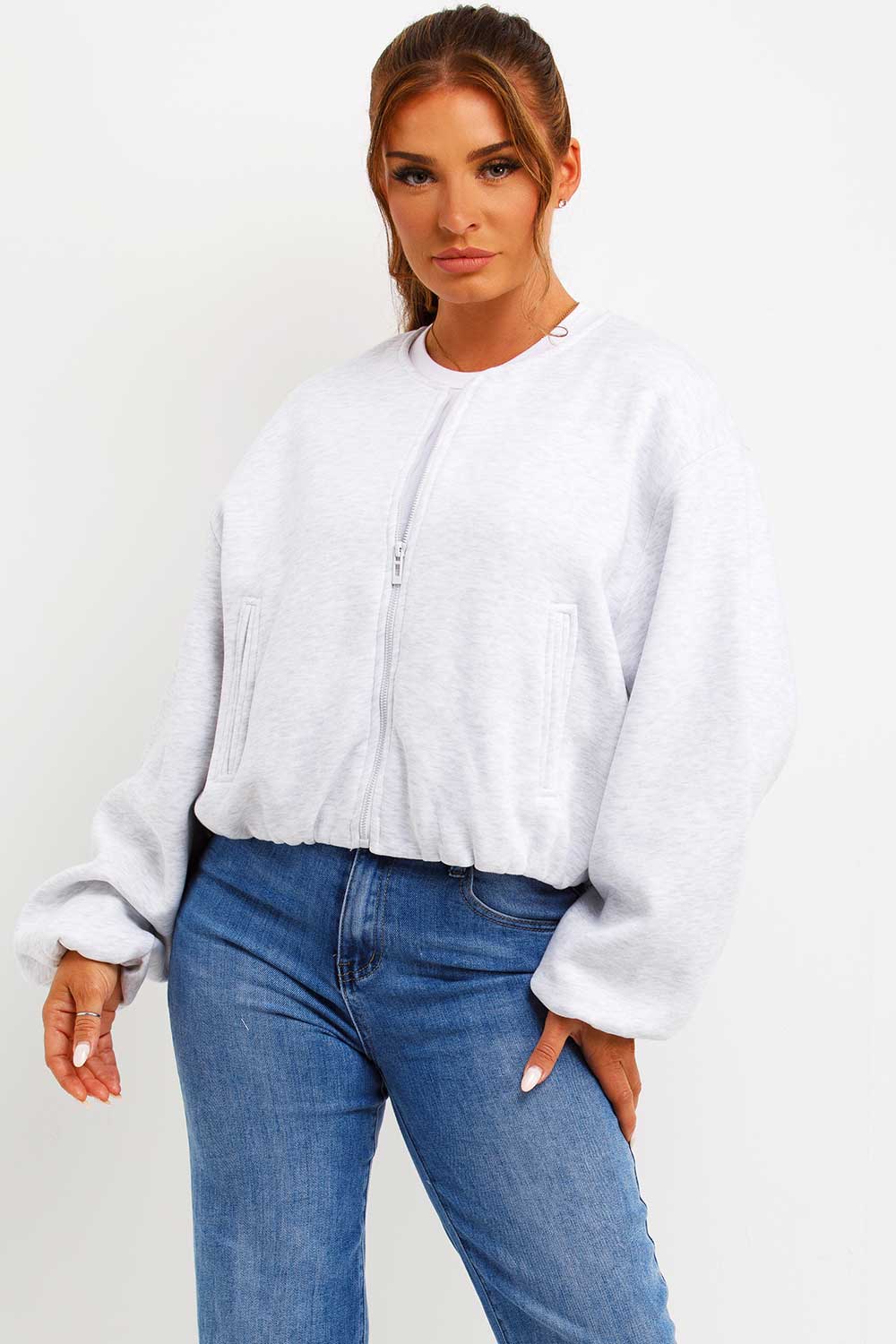 bomber jacket with zip fastening pockets elasticated hem grey marl