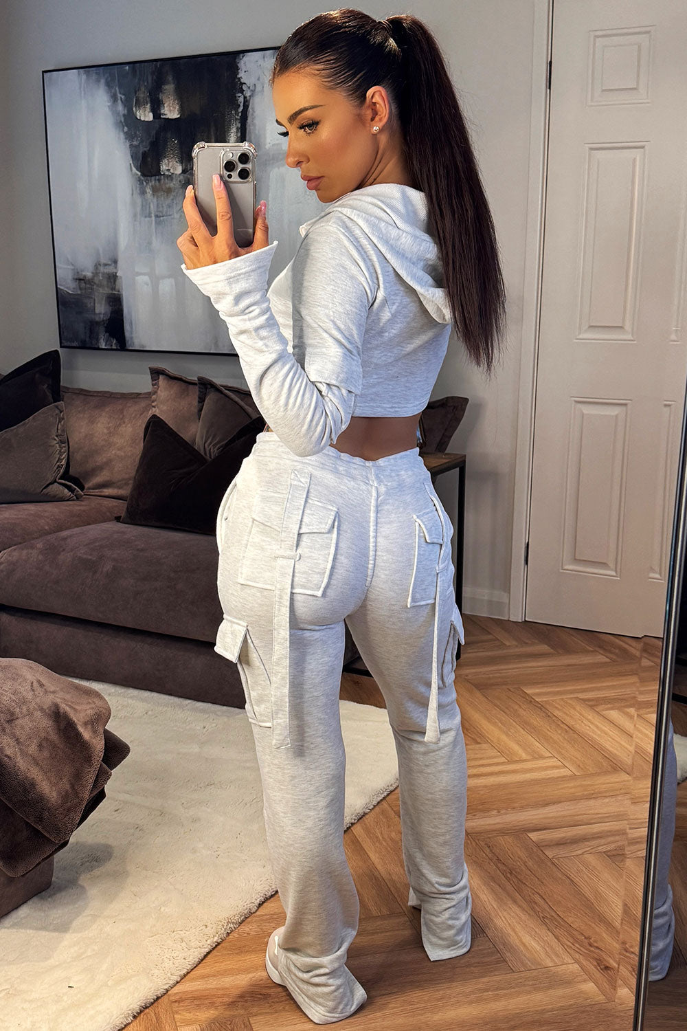 low waist cargo joggers and crop corset hoodie tracksuit set grey marl