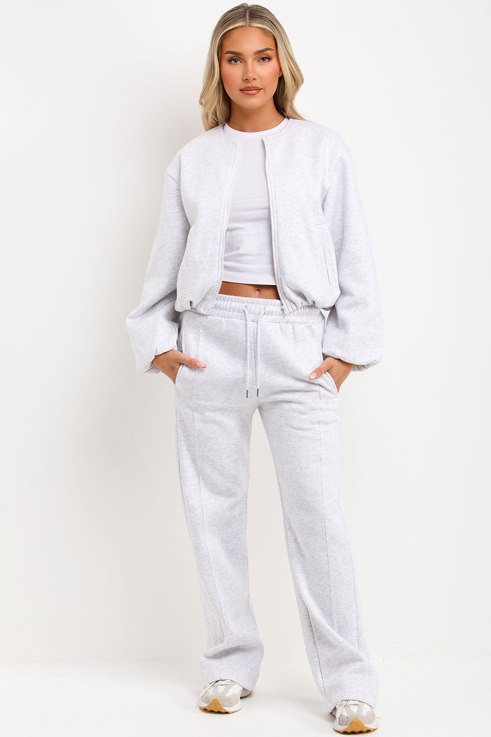 womens seam detail joggers and soft bomber jacket with elastic hem styled up fashion