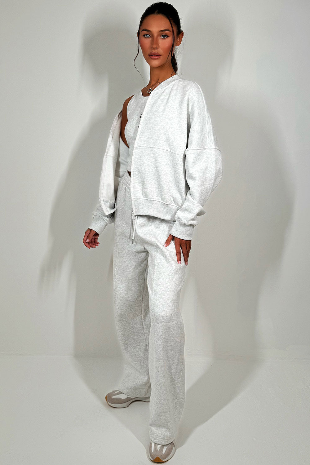 bomber sweatshirt straight leg joggers and ribbed top three piece lounge set zara womens