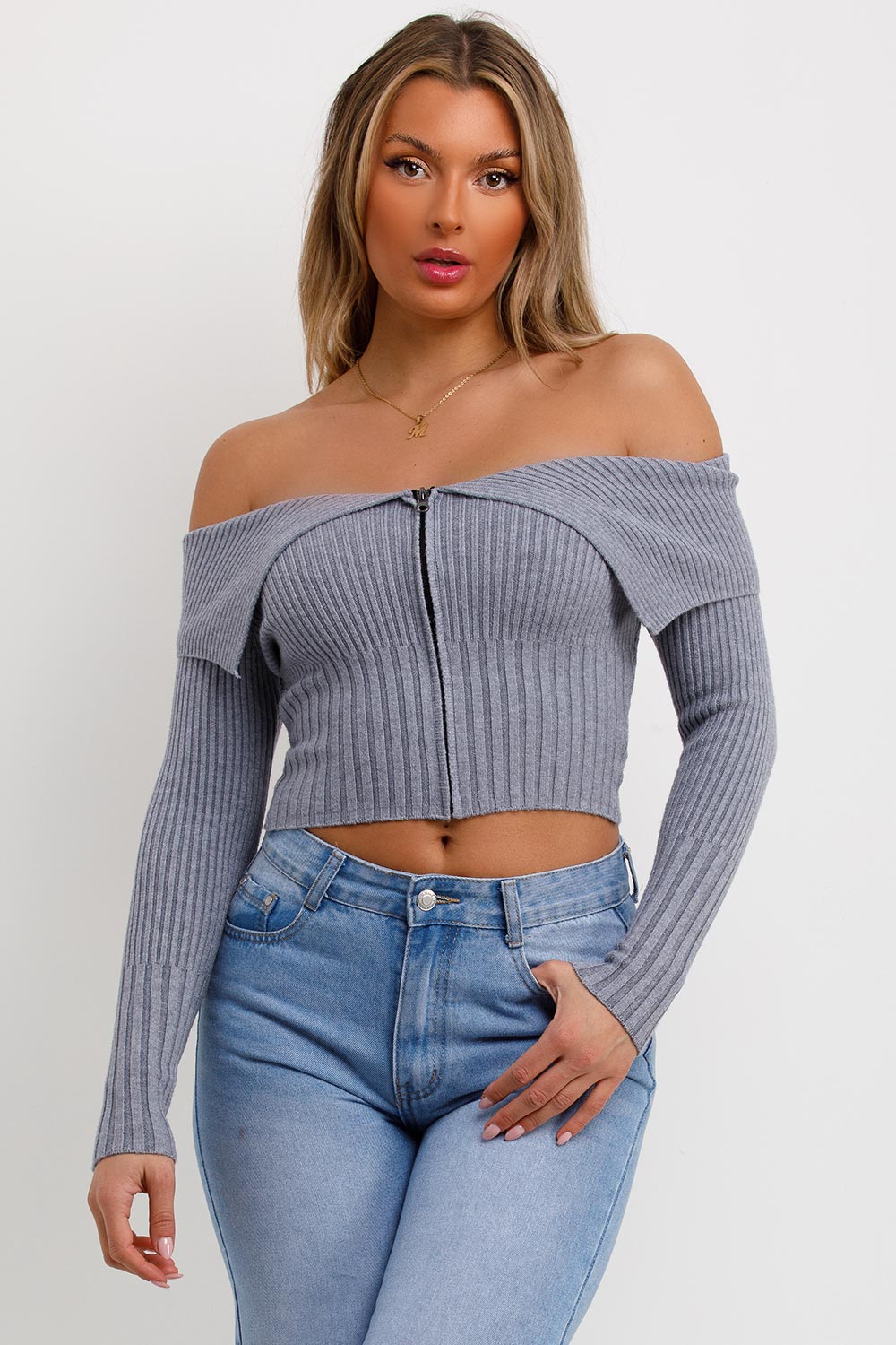 off shoulder jumper zip front fold over long sleeves