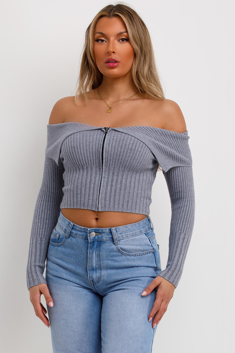 womens zip front fold over off shoulder jumper
