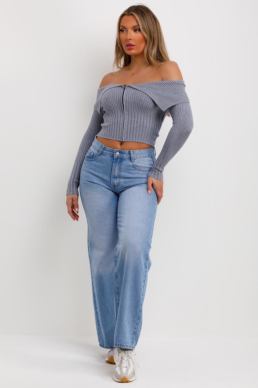 off shoulder long sleeve fold over jumper