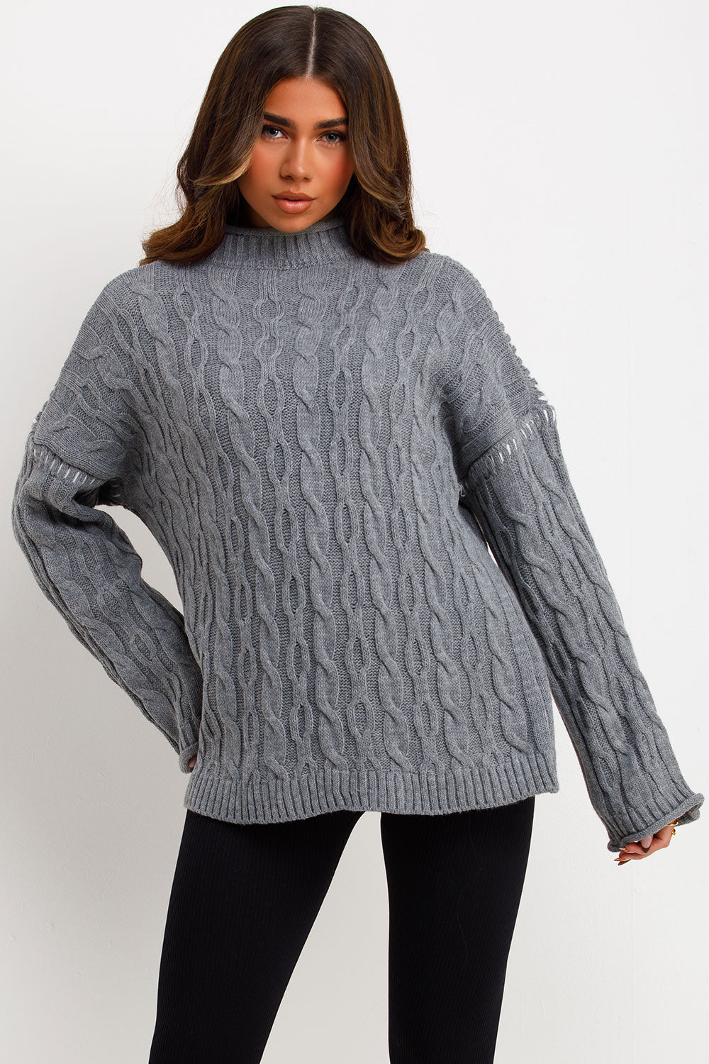 womens cable knit jumper with contrast stitches styled up