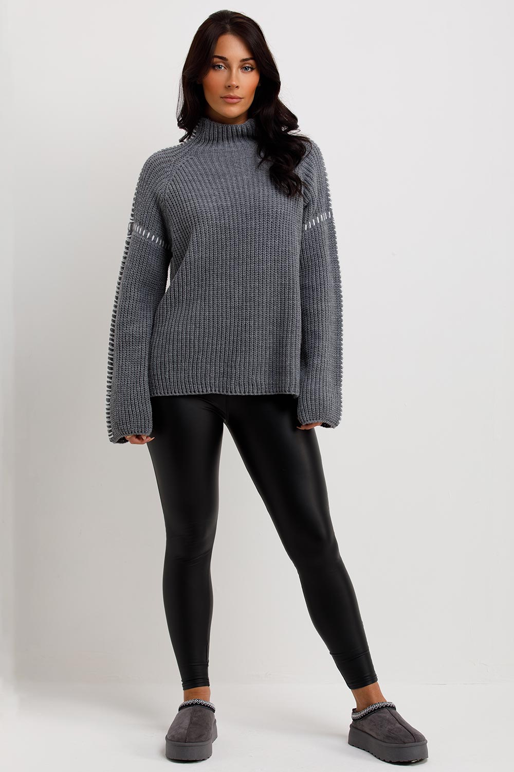 high neck oversized knitted jumper grey