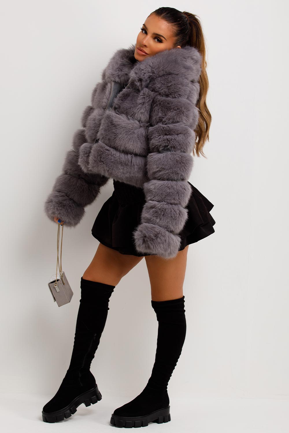 crop faux fur coat with hood grey
