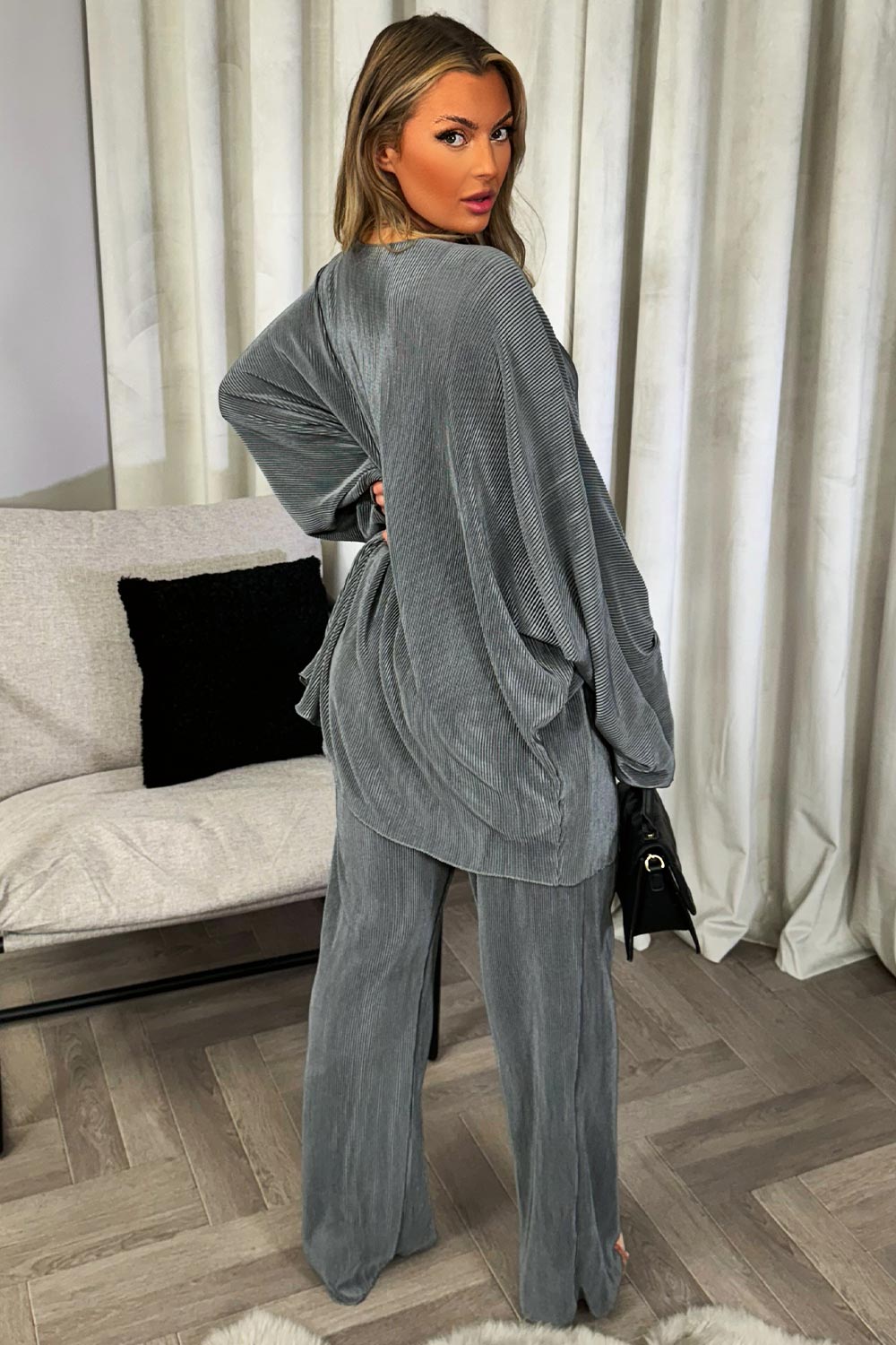 plisse trousers and shirt two piece set