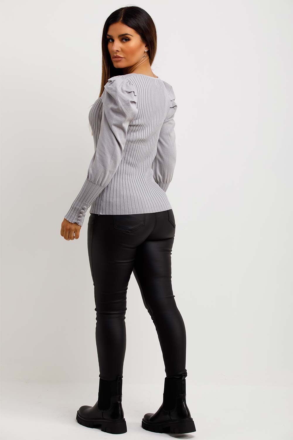 womens rib jumper with puff sleeves