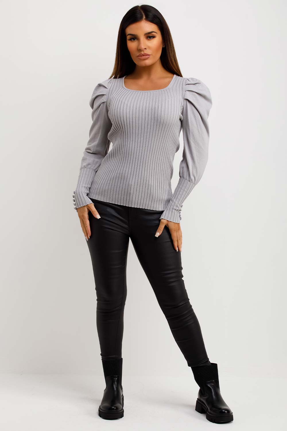 rib jumper with puff sleeves grey