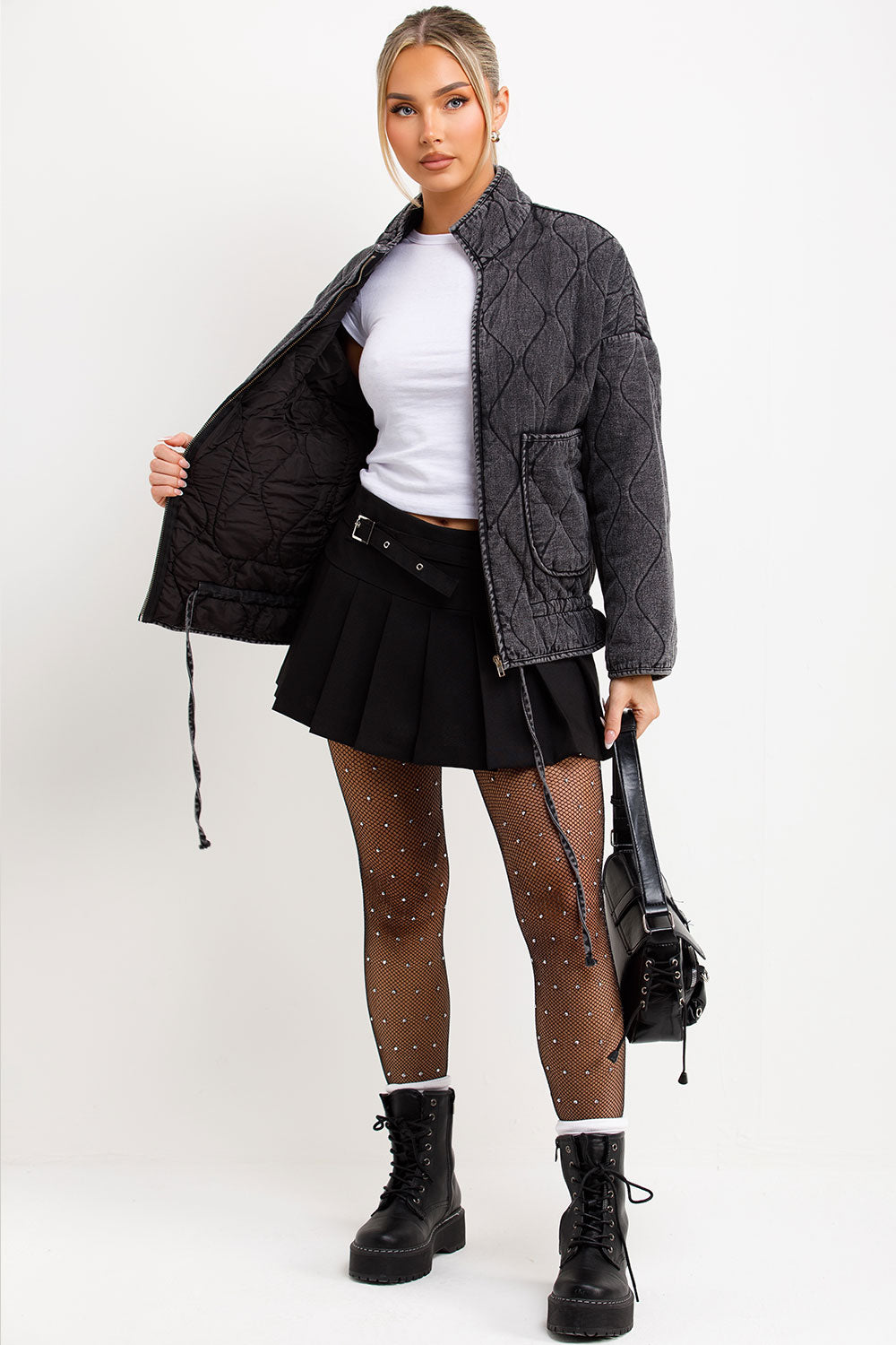 womens padded quilted puffer jacket with drawstring hem patch pockets styledup