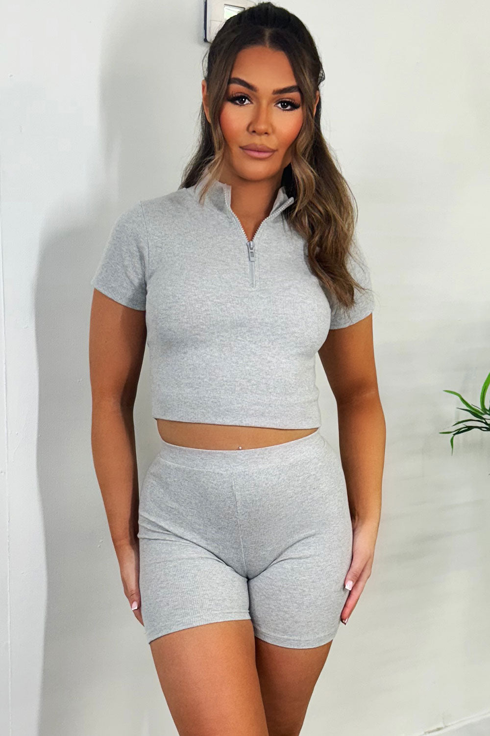 half zip ribbed top and shorts co ord set festival summer holiday clothes for womens