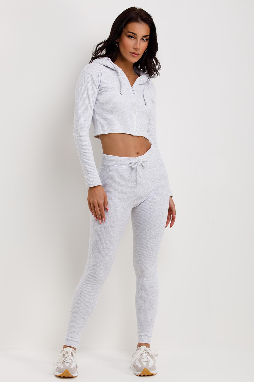 womens rib tracksuit co ord set grey marl loungewear set