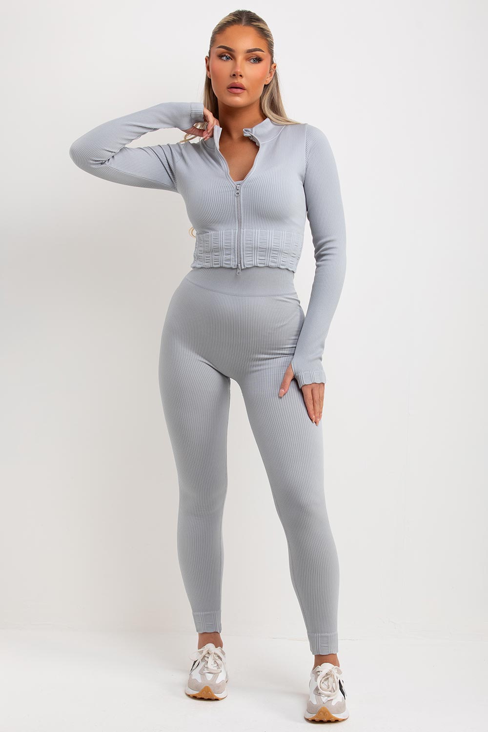 womens rib leggings top and crop jacket 3 piece gym set activewear co ord