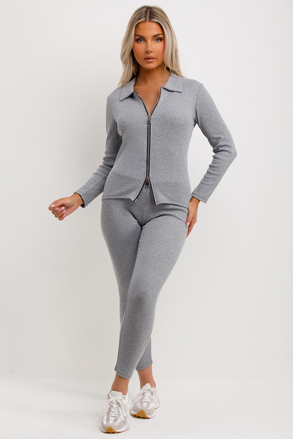 rib loungewear set with zip front